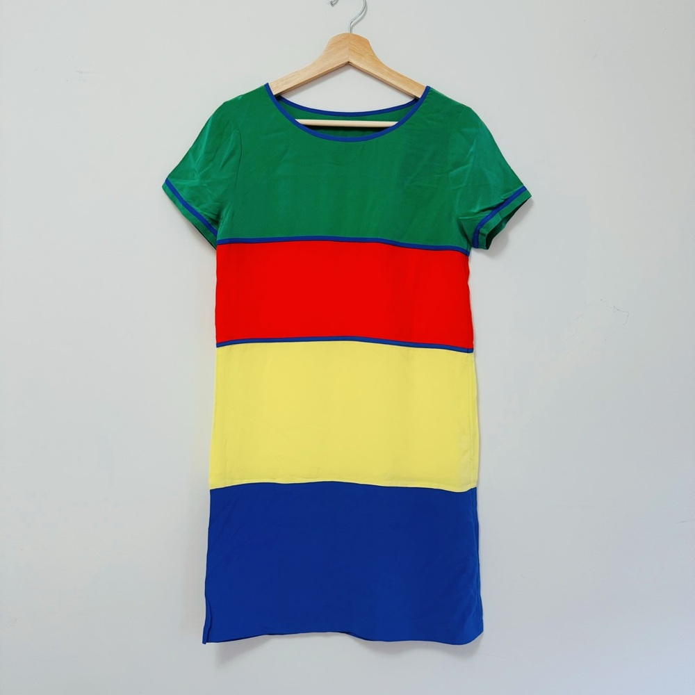 New! 100% Silk Color Block Midi Dress in Green, Red, Yellow, and Blue